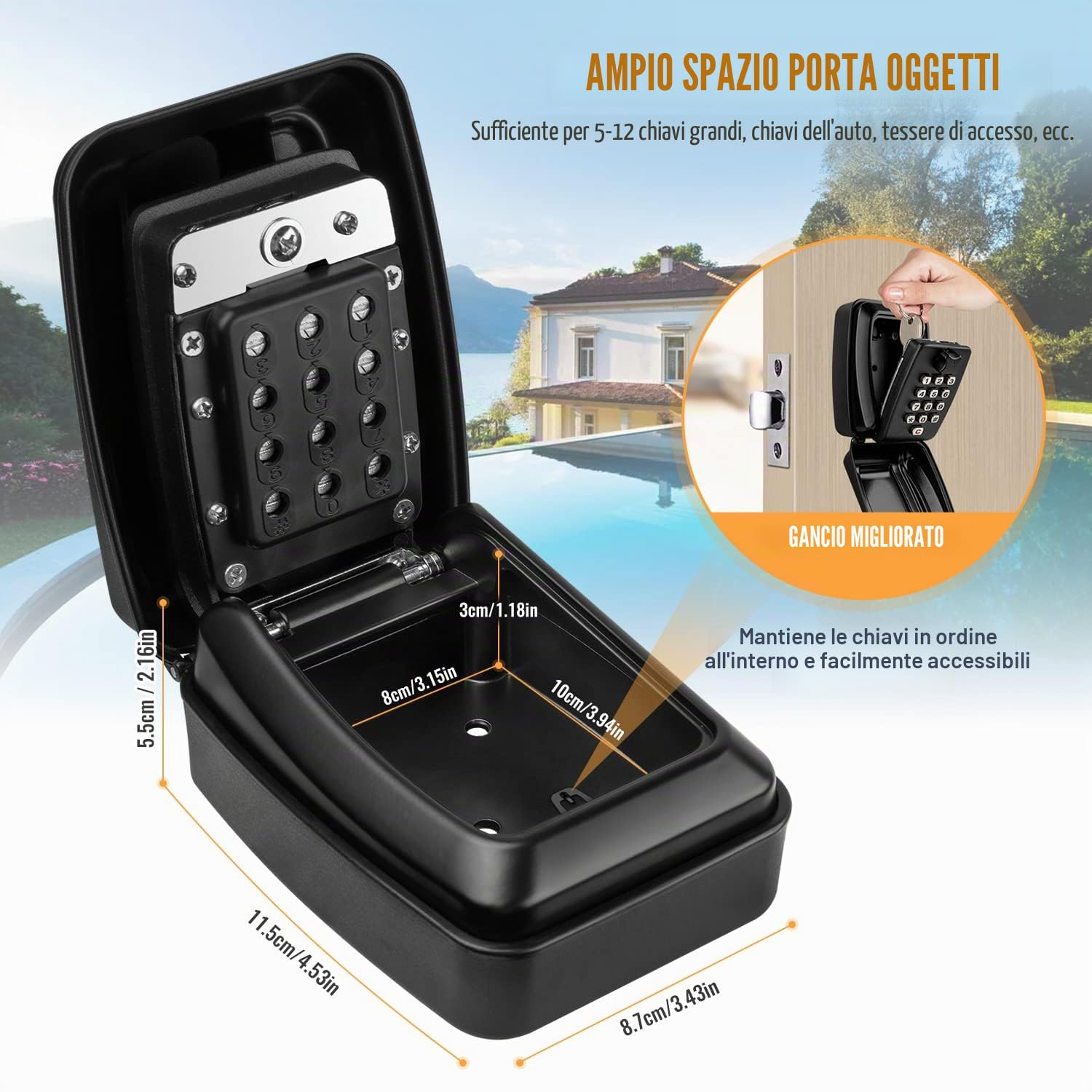 LUROON Grande Cassaforte per Chiavi con Codice 12 Cifre, Cassetta Chiavi Muro Impermeabile con Codice di Reset, Cassaforte Chiavi Esterno per Casa, Scuola, Ufficio, Casa in Affitt
