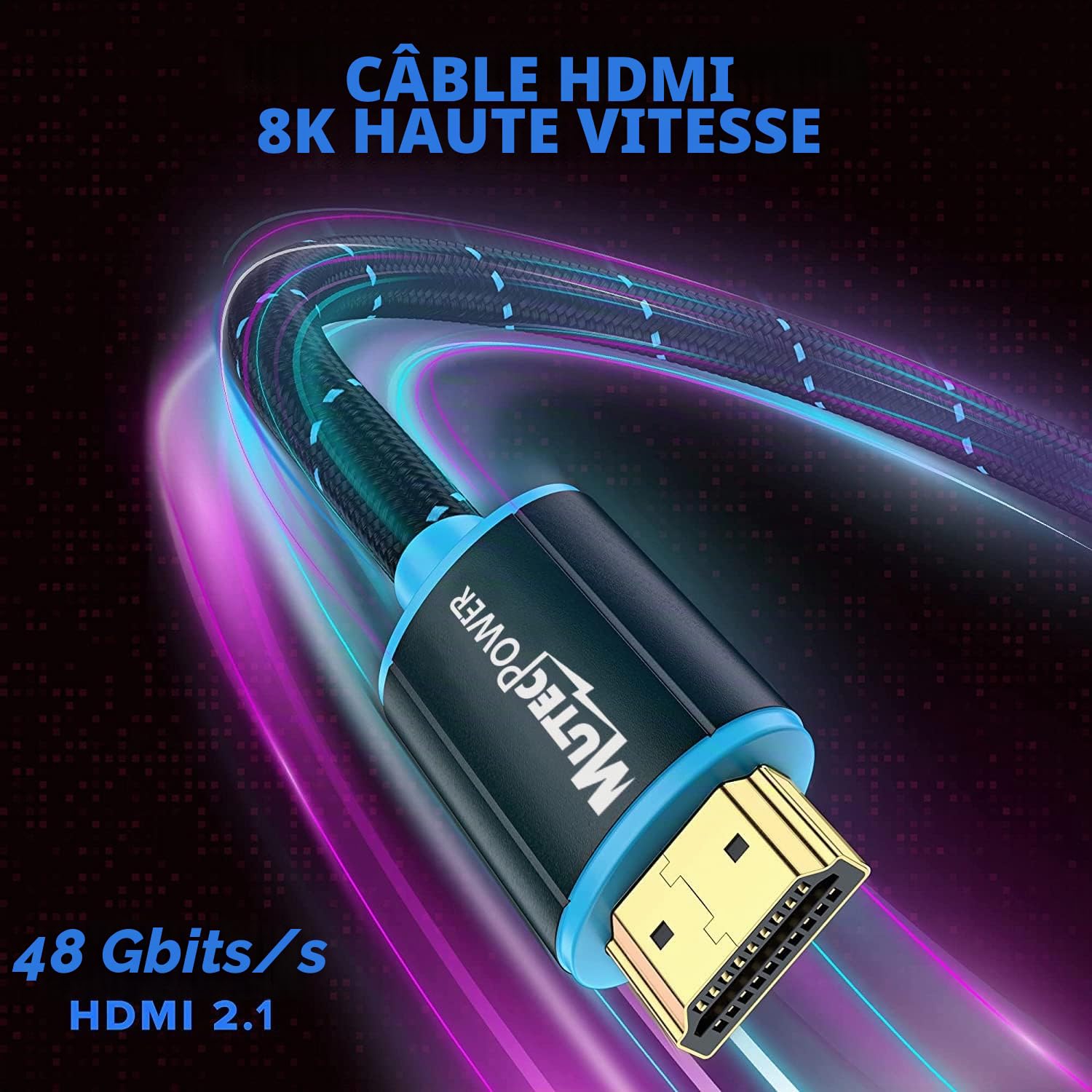 MutecPower 10 mètres Câble 8k HDMI 2.1V Ultra Haute Vitesse 48Gbps 8K@60Hz & 18Gbps 4K@120Hz avec HDR, VRR & eARC - 30 AWG homologué UL Câble10m mâle vers mâle bleu/noir tressé