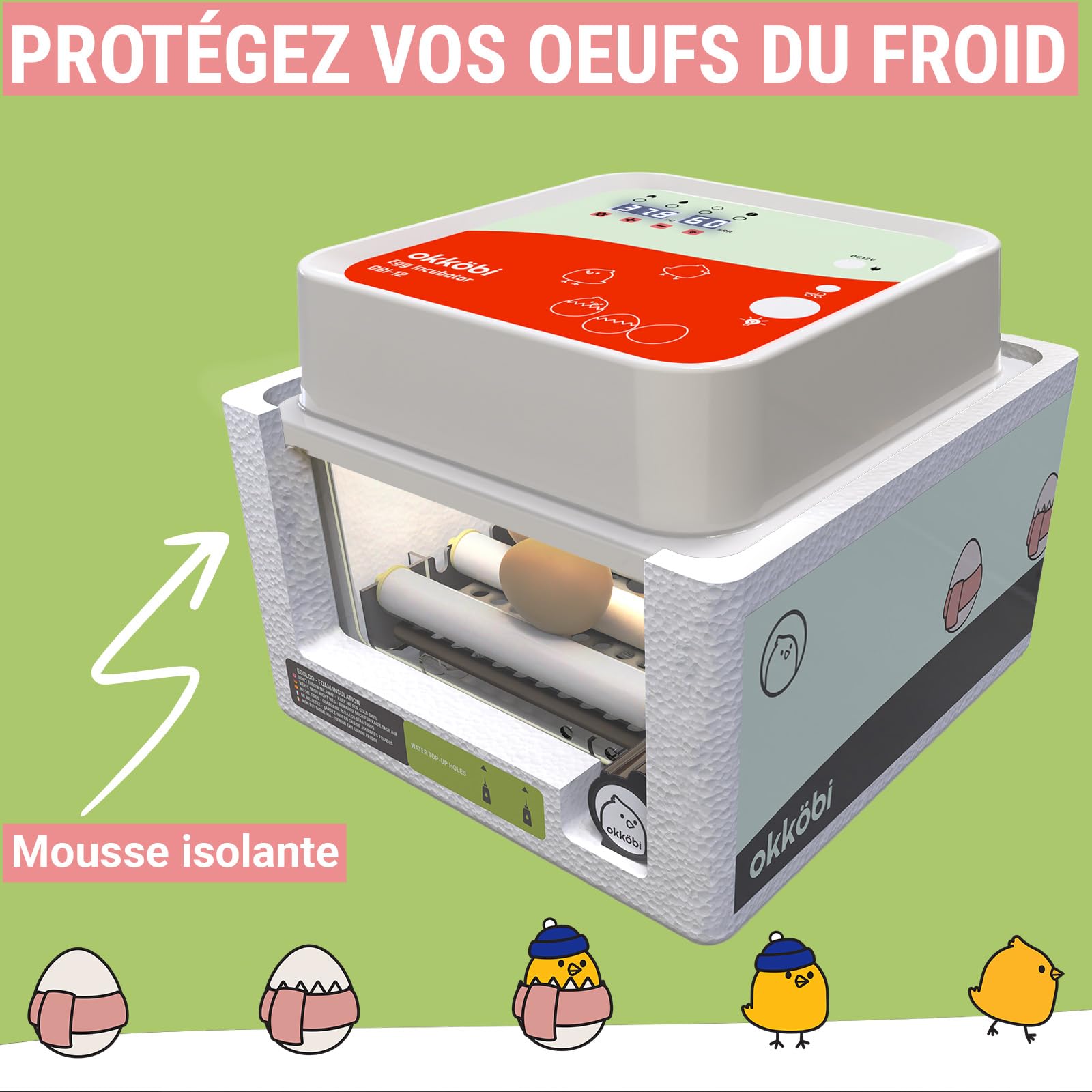 Couveuse Automatique 12 Oeufs Obi-12 - Retournement - Adapté à Tous Âges | Fenêtre d'Observation Intégrée, Suivi du Développement des Embryons, Mousse Isolante Incluse - Orange