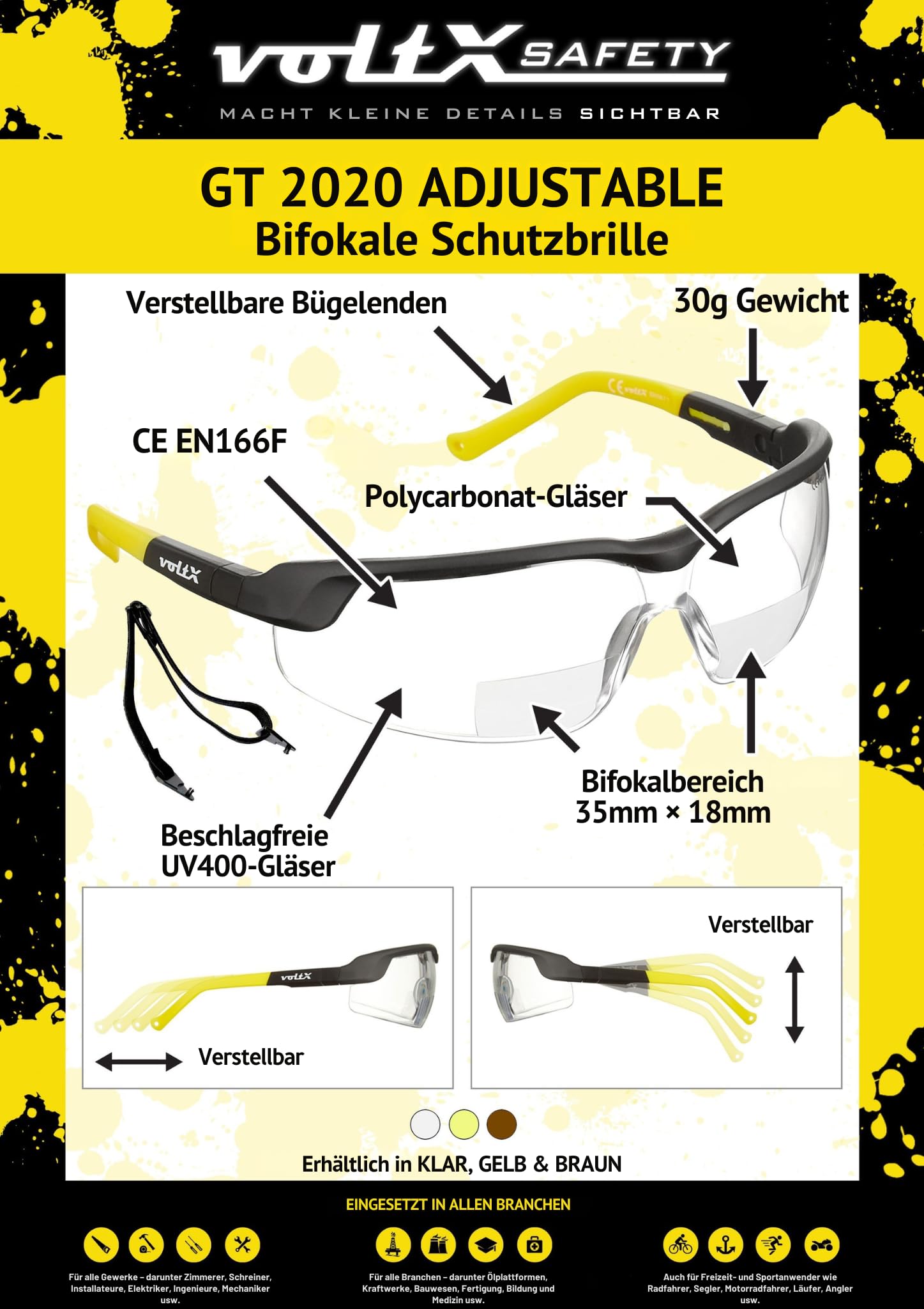 voltX 3 x GT ADJUSTABLE Bifokale Lesen Schutzbrille (KLAR +3.0 Dioptrie)