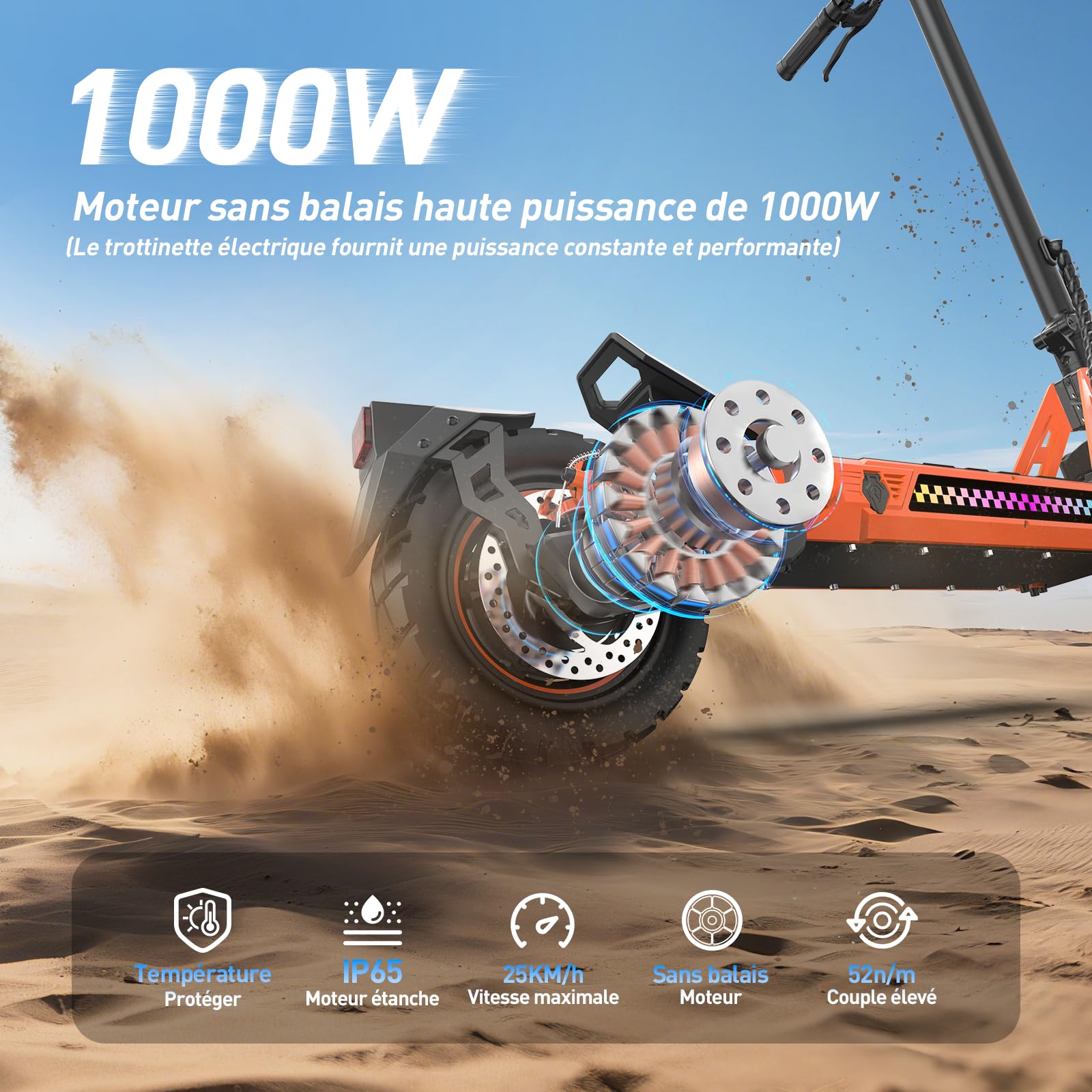 La Trottinette électrique Adulte, Batterie 23,4 Ah (autonomie 85 km), amortisseurs hydrauliques à Bras (Avant/arrière), Propulsion Double + 2 Moteurs, pneus Tout-Terrain 12 Pouces, montée 35°