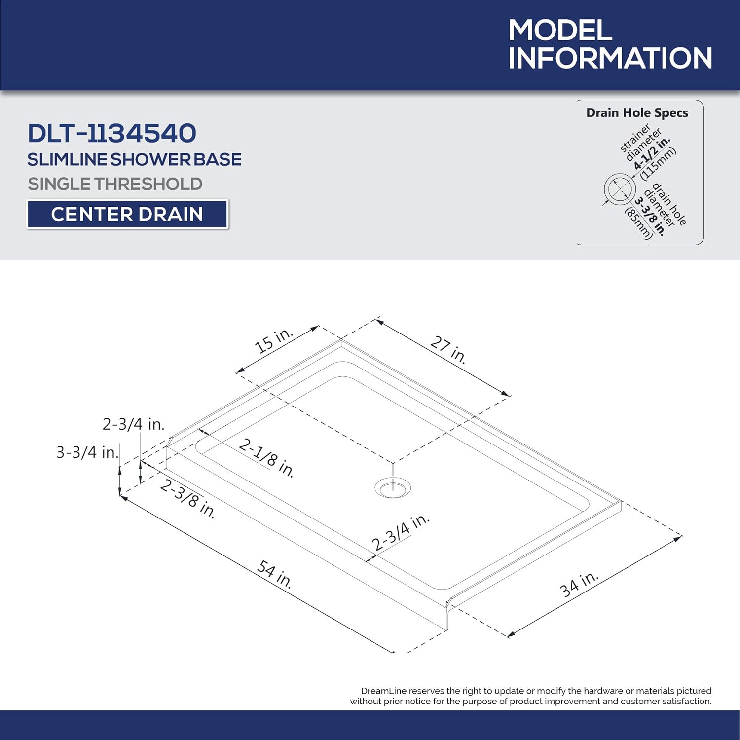 DreamLine SlimLine 34 in. D x 54 in. W x 2 3/4 in. H Center Drain Single Threshold Shower Base in Black, DLT-1134540-88