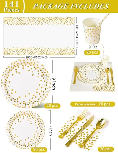 Miniatura 3 de 141 piezas de suministros de fiesta de oro blanco, los juegos de vajilla de fiesta incluyen platos de papel, servilletas, tazas y cubiertos, para