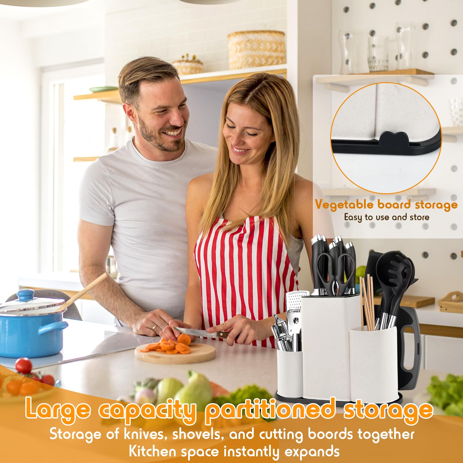 4 in 1 Ceppo Coltelli Vuoto Universale, Ceppi Portacoltelli Vuoti Quadrato, Ceppo Portacoltelli da Cucina con Fessura per Posate, Blocco Porta Coltelli, Supporto Coltello Senza Coltello (Bianco)
