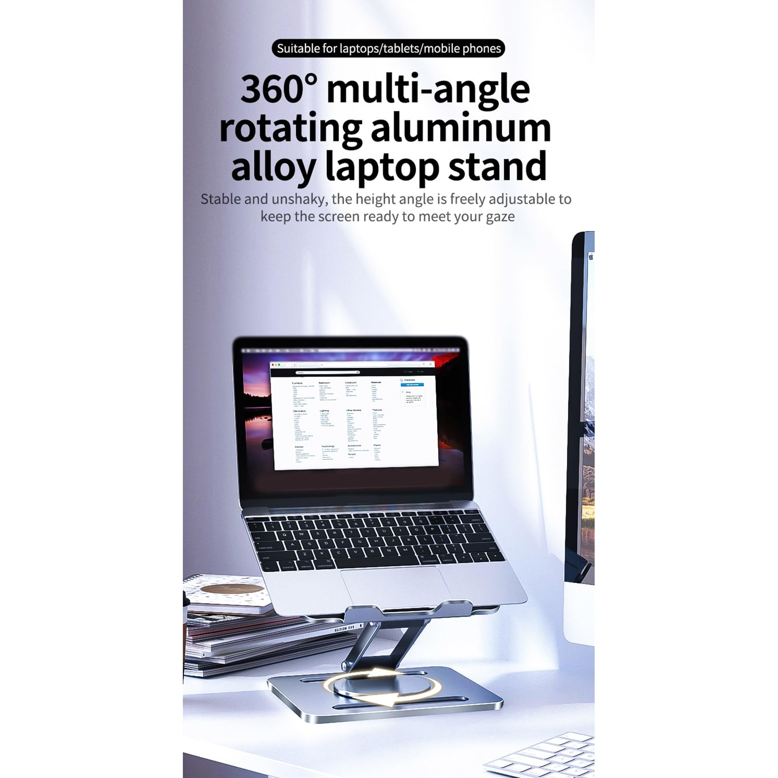 Soporte plegable de aleación de aluminio para ordenador portátil, giratorio 360 grados, soporte de refrigeración, ajustable, portátil, ergonómico, plegable
