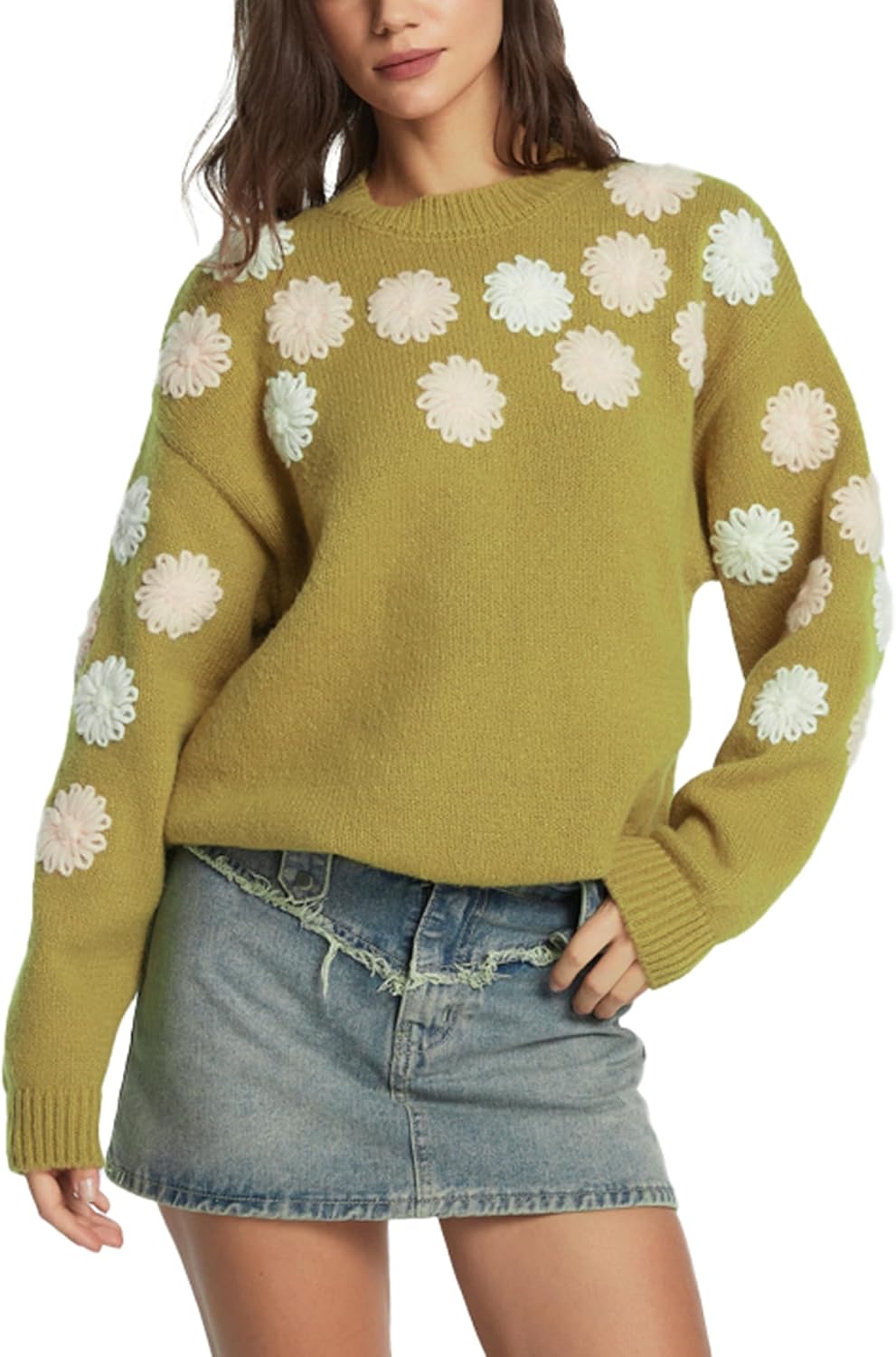 D-Sun Sweaters for Women Trendy 2026 Fall Long Sleeves Crew Neck Flower Color Block Floral Embroidered Pullover Sweater Top