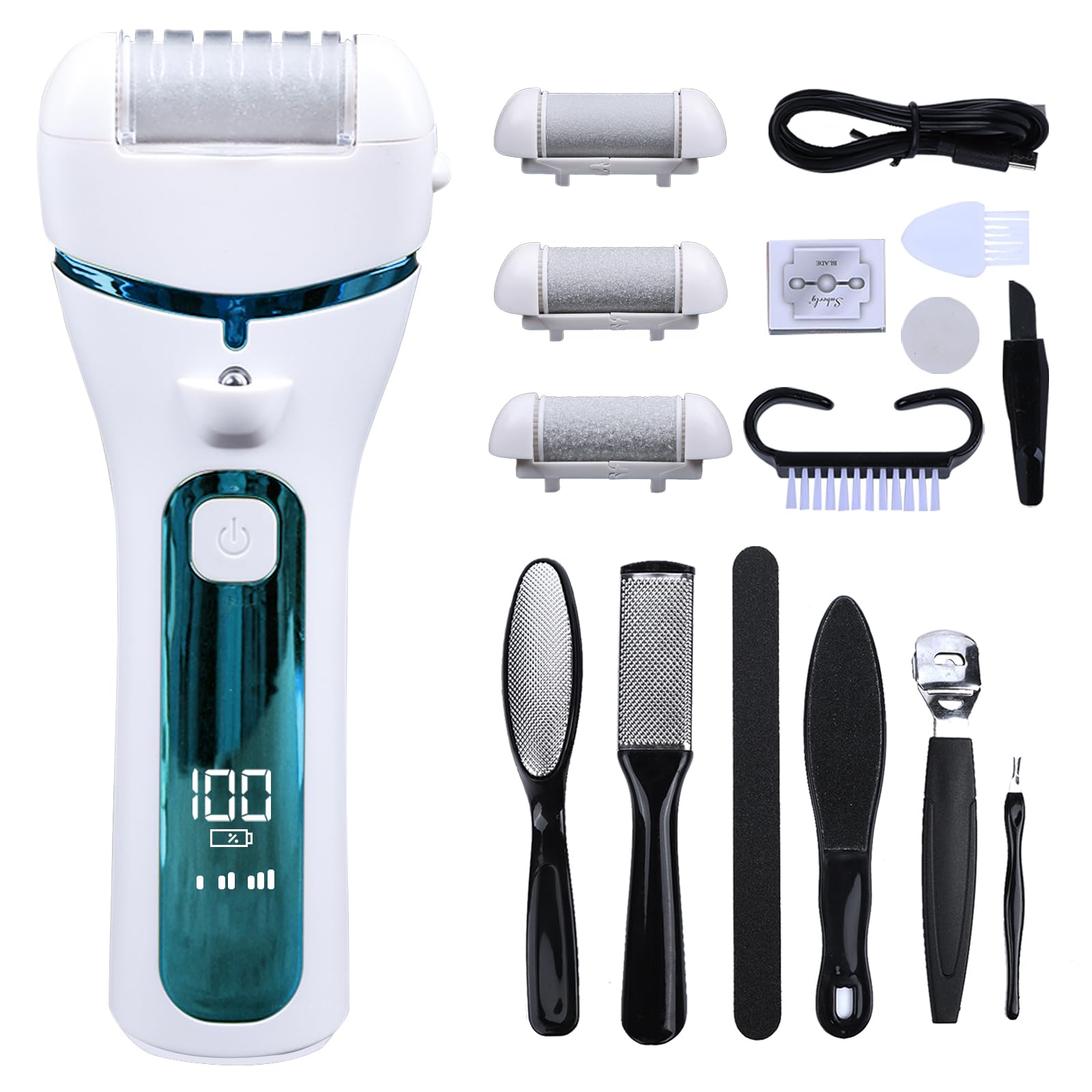 Rapeuse Pieds Electrique avec 3 Rouleaux, 16 en 1 Kit de Pédicure Professionnel Anti-callosités,3 Vitesses Râpe à Pieds Étanche Portable,1200mAH Rechargeable (Bleu)
