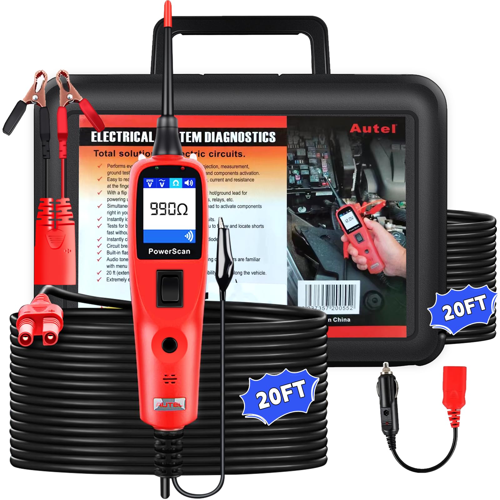 Autel PowerScan PS100 Circuit Tester, 12V 24V Automotive Electrical Tester, Circuit Breaker Finder, AC/DC/Continuity/Signal Test, Component Activation, Power Circuit Probe Kit with 40ft Cable