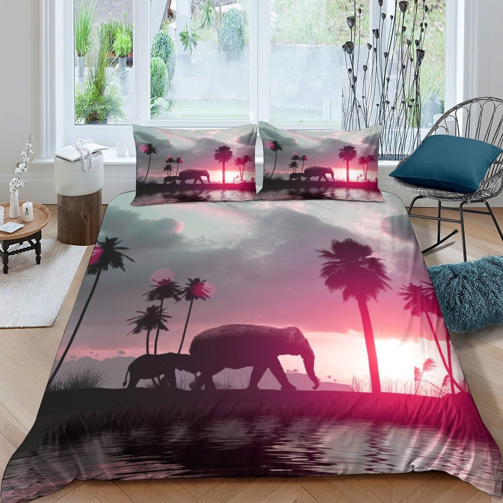 Ctjqhvkz Style-2 3D Printed Sunset Elephant Fitted Sheet Microfiber Soft Palm Tree Bed Cover For Bedroom Decor Mattress Protection Single（135X200cm）