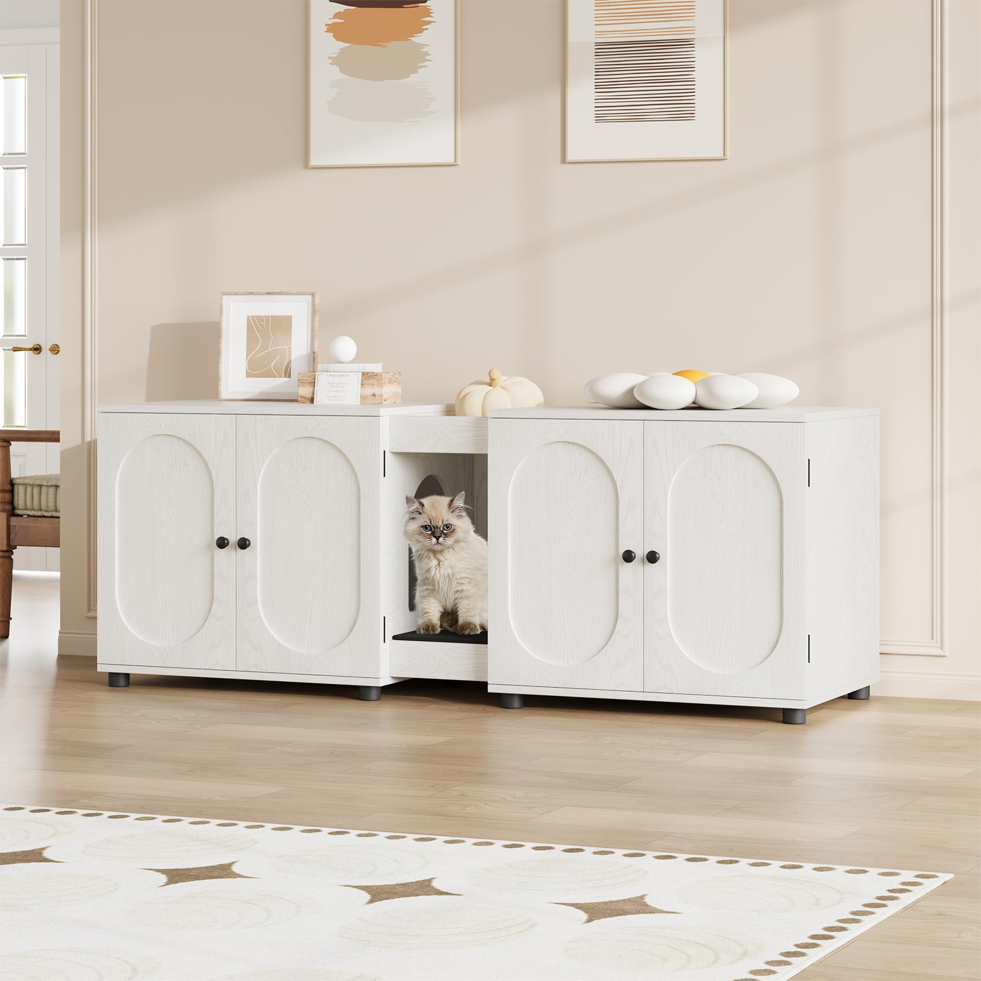 Spacious Double Cat Litter Box Enclosure for 2 Cats, Modern Hidden Litter Cabinet, Ventilated Wood Furniture, Easy-Clean Pad, Extra Large Cat Washroom 55.1 x 17.9 x 22.1in, White
