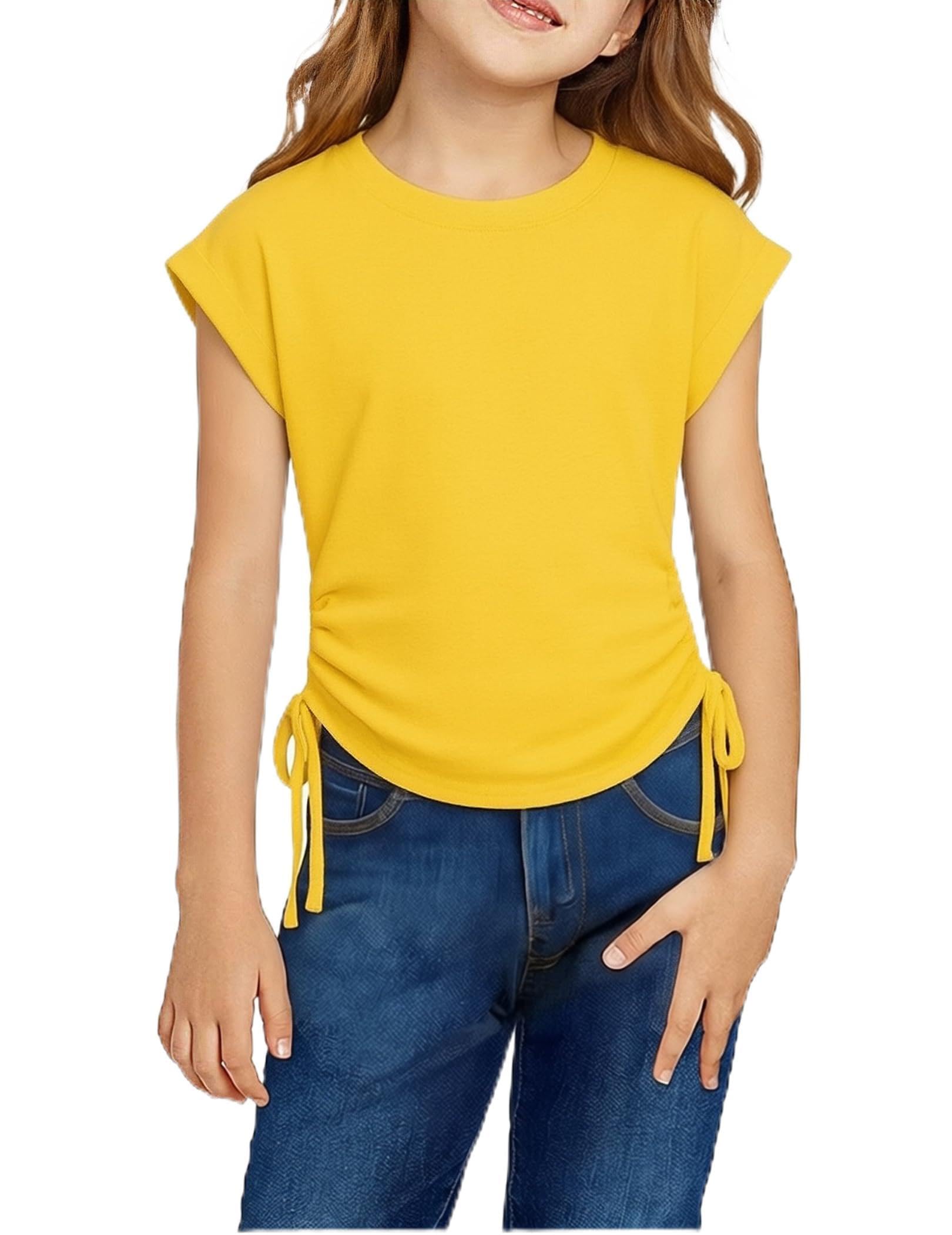 Arshiner Niñas Camisetas Manga Corta Extended Shoulder Niños Verano T-Shirt Algodón Cuello Redondo Manga Corta Shirt y Cordón para Niñas 6-14 Años