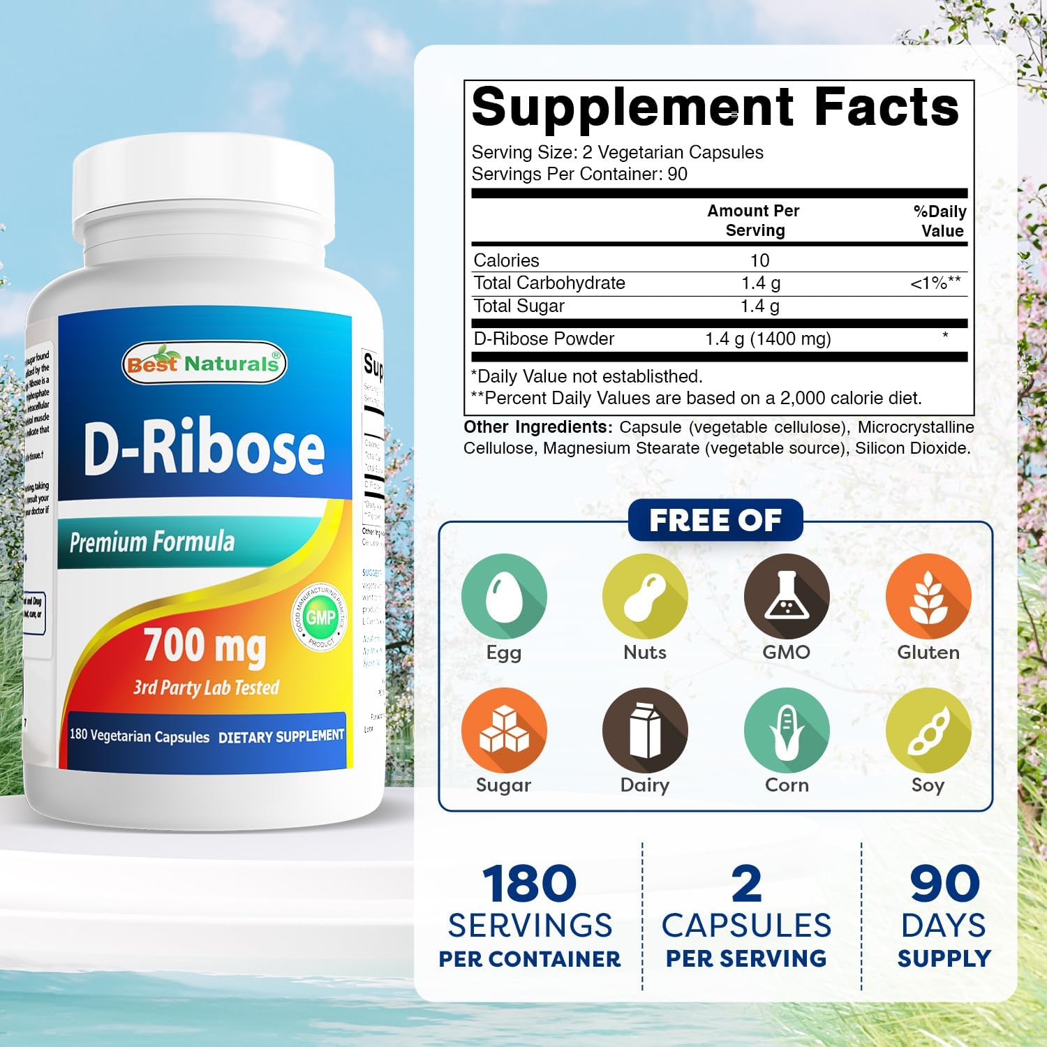 Best Naturals D-Ribose 700mg 180 Vcaps - Natural ATP Energy Production - Manufactured in a USA Based GMP Certified Facility and Third Party Tested for Purity. Guaranteed!!