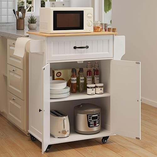 Miniatura 2 de Gizoon Carrito de isla de cocina con estante ajustable, carrito móvil de 35.8 pulgadas de ancho con ruedas de metal con cajón y armario de