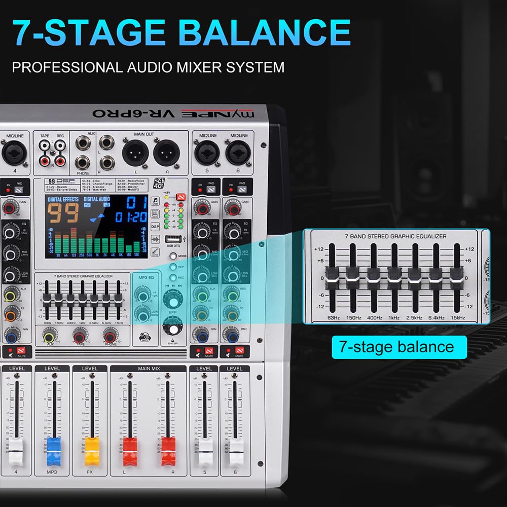 VR-6 PRO Mixer Audio - Amplificatore ad Alta Potenza da 550W x 2, 99 Effetti DSP, Console DJ Audio Bluetooth, Display a Grande Schermo Spettro, Tuner DJ con Riduzione Intelligente del Rumore