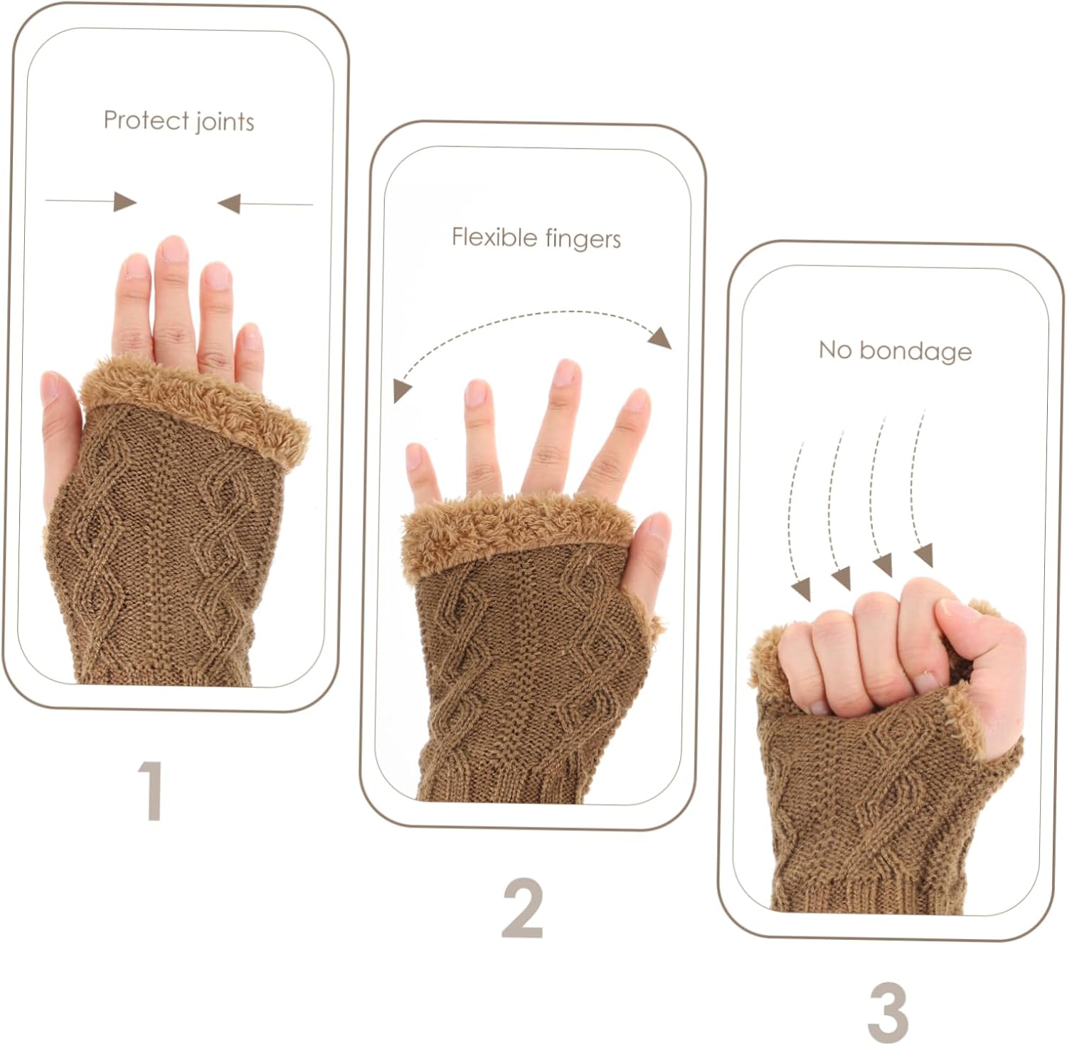 Diagram showing three stages of wearing the half-finger gloves: protecting joints, flexible fingers, and no bondage.