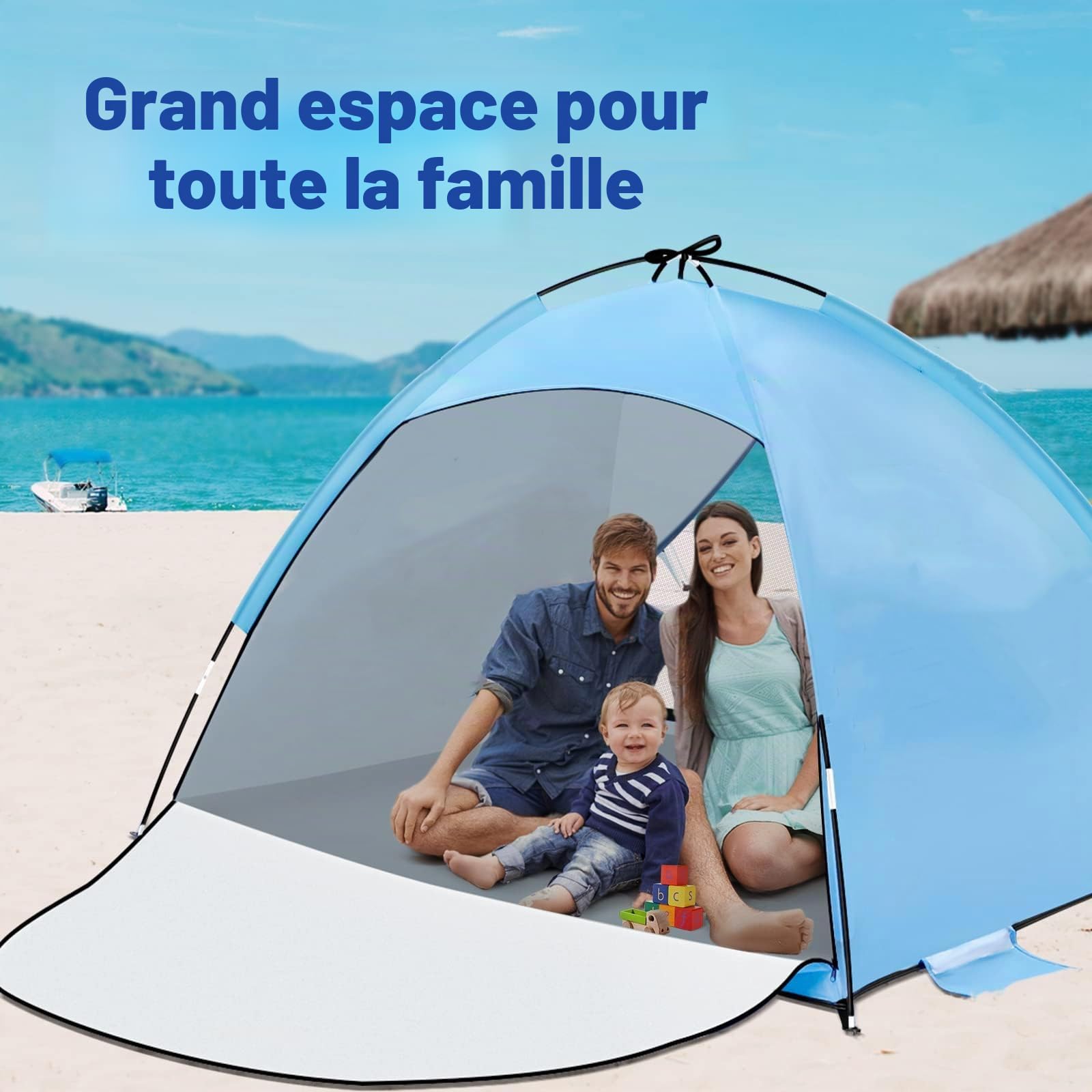 Tente de Plage Anti-UV 50+, Portable Abris de Plage pour 3-4 Personnes, Contre Le Vent, Tente Plage Famille avec Sac de Transport