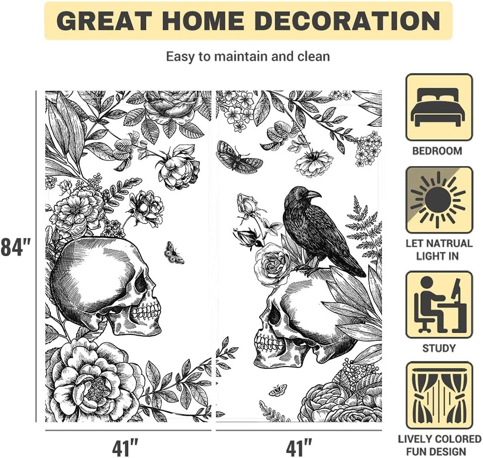 Allenjoy Flower Skull Crow Curtain Bloom Floral Sugar Gothic Skeleton Sketch Black Moth Home Culture Cloth Fabric Halloween All Saints Day Decorative 82 in x 84 in