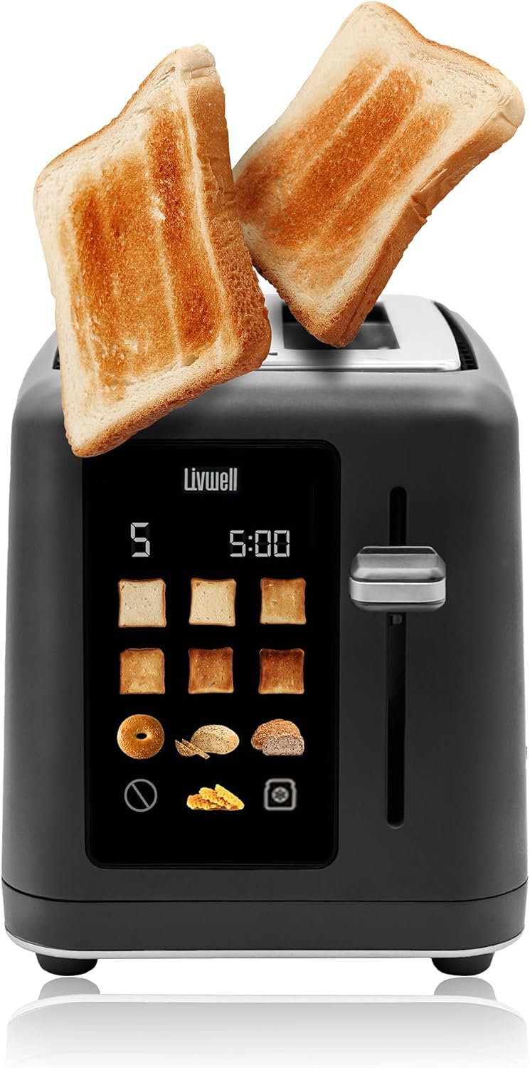 Livwell Matte 2-Slice Smart Touch Toaster with Color Screen Display - Kitchen Gifts - 6 Browning Levels, Timer Countdown, Adjustable Settings for Bagels, Gluten-Free & Multigrain Bread (Matte Black)