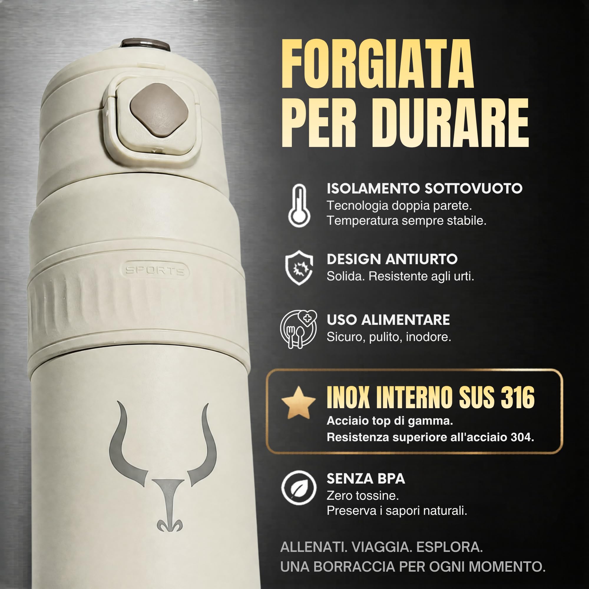 Borraccia Termica con Cannuccia Acciaio Inox 18/10 750ml / 1 Litro - Bottiglia Termica 24h Freddo 12h Caldo - Borraccia da Palestra, Trekking e Sport