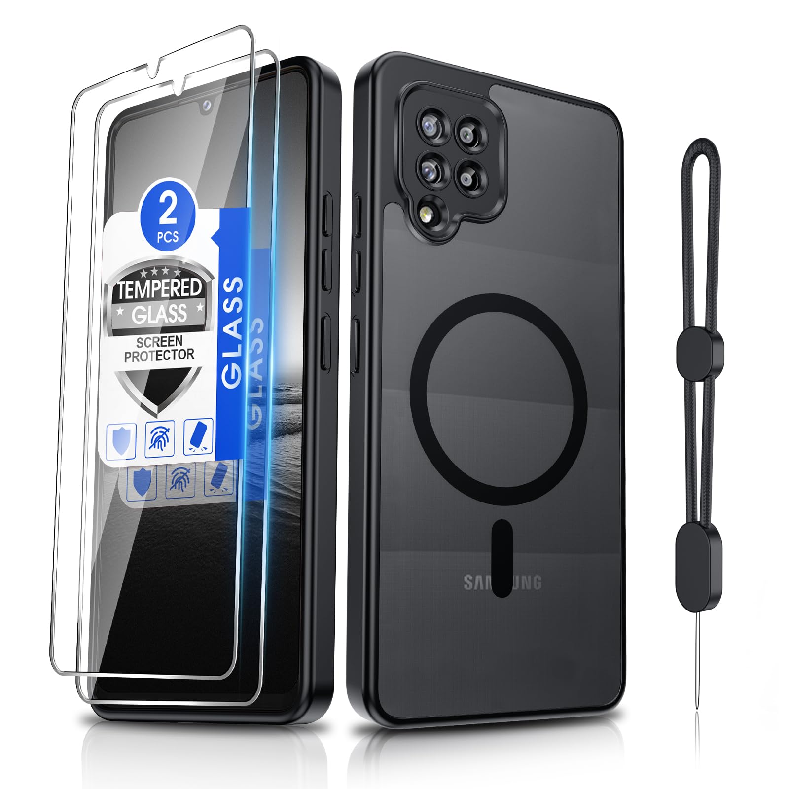 Dizn Magnetic for Samsung Galaxy A42 Case:with [2 Pcs] Tempered Glass Screen,Strap,[Fit for MagSafe],Matte Translucent Slim Smoot Soft Touch,Military Grade Shockproof Protective,Funda para A42，Black