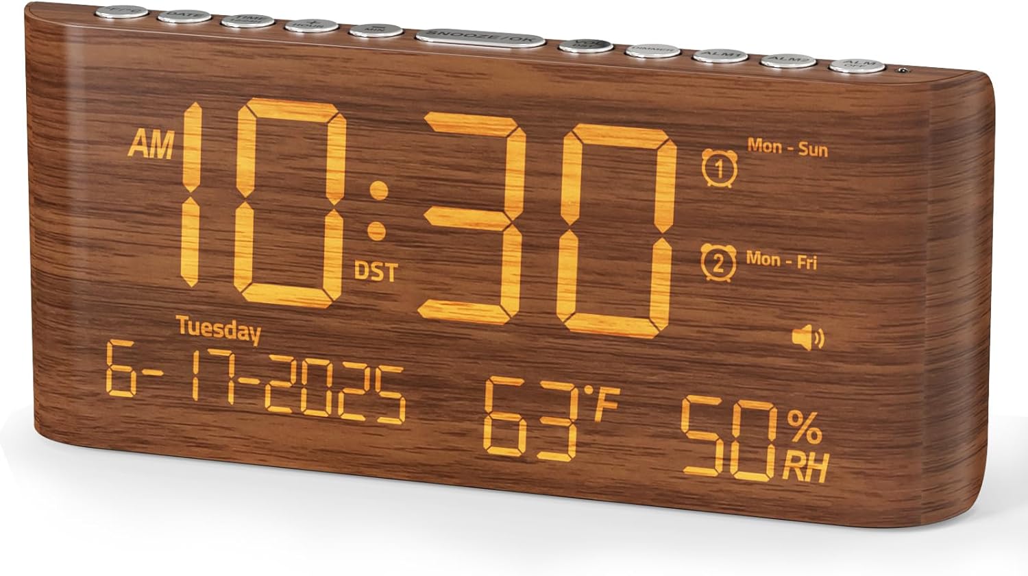 Raynic Digital Alarm Clock, Dual Alarms, 8.7" Large LED Display, USB & Type-C Charging Ports, Temperature & Humidity Display, 5-Level Dimmer & Volume for Bedroom & Home Office, Dark Wood Grain Finish