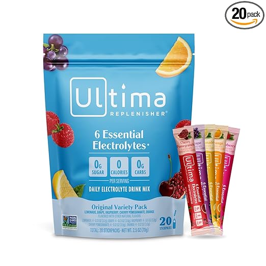 Ultima Replenisher Daily Electrolyte Powder Drink Mix – Sugar Free – Original Variety, 20 Stickpacks – Hydration Packets with 6 Electrolytes and Minerals – Keto Friendly, Vegan, Non-GMO
