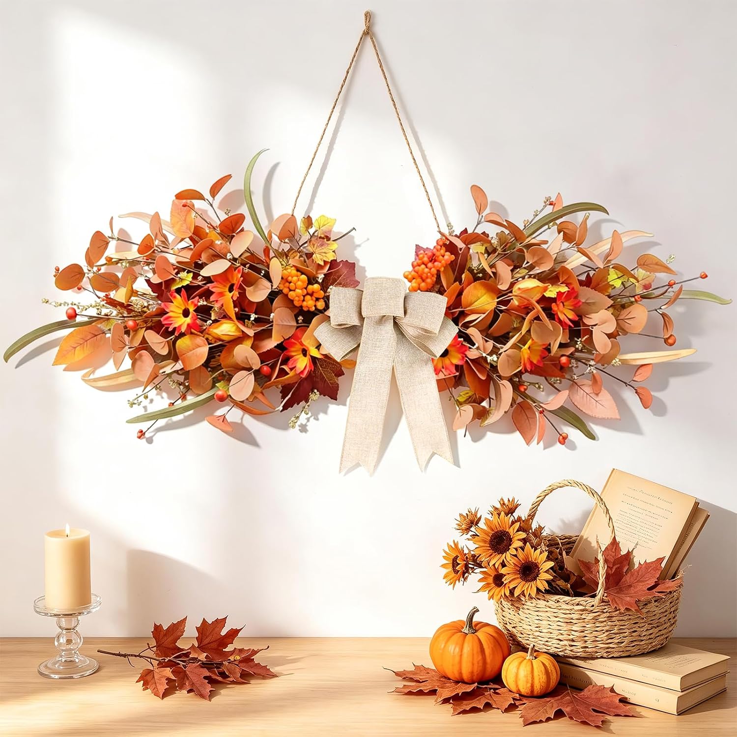 Fall Teardrop Swag Artificial Autumn Floral Swag with Daisy Maple Leaves Berries Thanksgiving Front Door Twigs Swag Hanging Decorative for Harvest Farmhouse Arch Wall Home Indoor Outdoor Holiday Decor