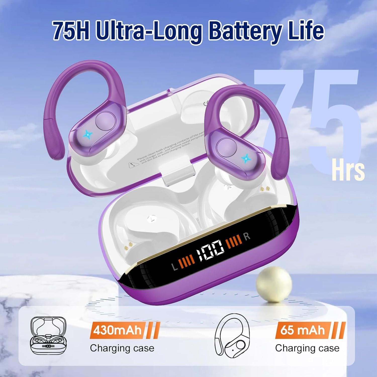 Wireless Earbuds Bluetooth 5.4 Headphones 75H Stereo Deep Bass Sports Over Ear Buds with Earhooks, LED Display Bluetooth Earbuds with 4 ENC Mic, IP7 Waterproof Earphone for Running,Dark Purple - Image 4