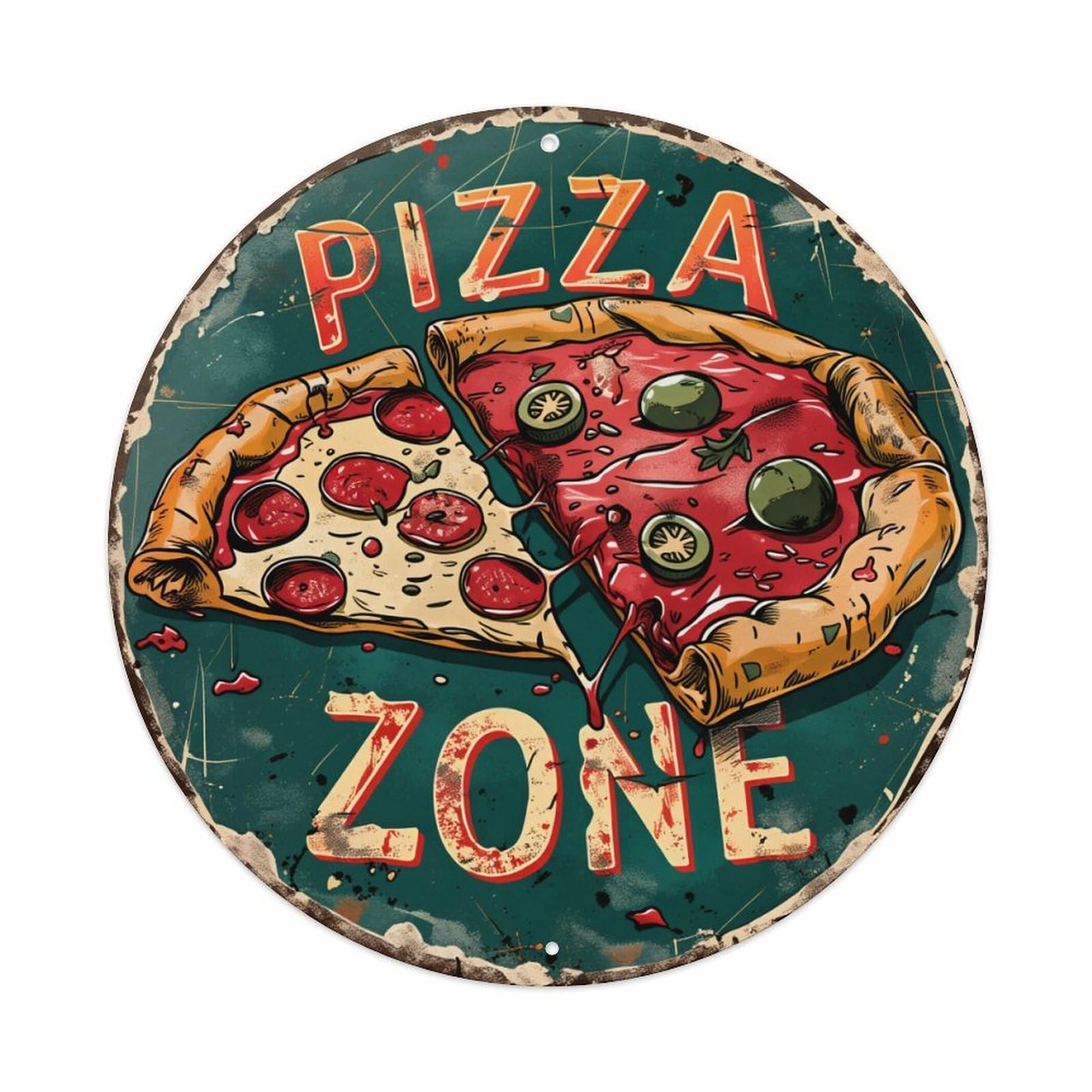 Pizza Slice Art Sign Zone Round Metal Tin Sign Vintage Wall Decor, Bar Garage Cafe Kitchen Home Wall Art Poster 8x8inches