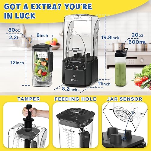 Miniatura 7 de CRANDDI Licuadora Comercial Silenciosa con Escudo Insonorizado, 2200 Vatios Licuadora Profesional para Cocina con Jarra de 80oz y Autolimpieza,