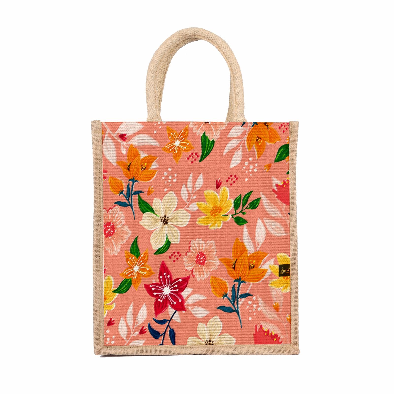 Sangra Multicolor Jute bag for Women and Men Lunch Bag with Zip and Handle (Flower Pink)