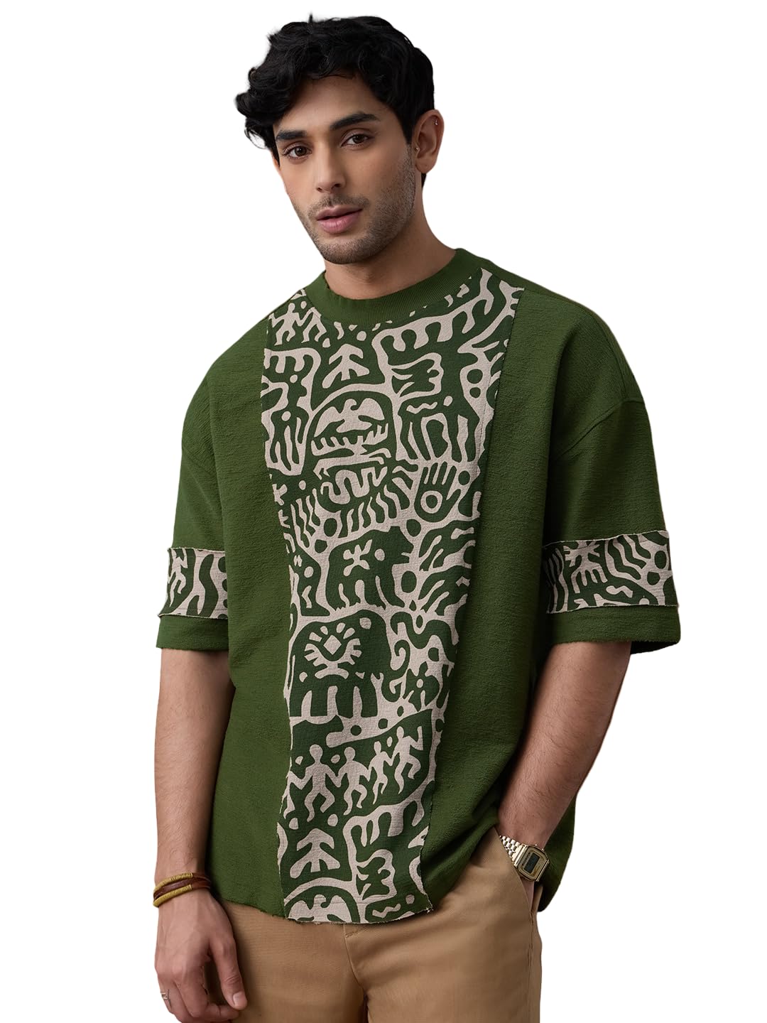 The Souled Store Nomad: Stone Carving Uomini e Ragazzi Maniche Corte Girocollo Oliva Stampa Grafica Casual Spalla goccia Streetwear Trendy Cotone Super Oversize T-Shirt