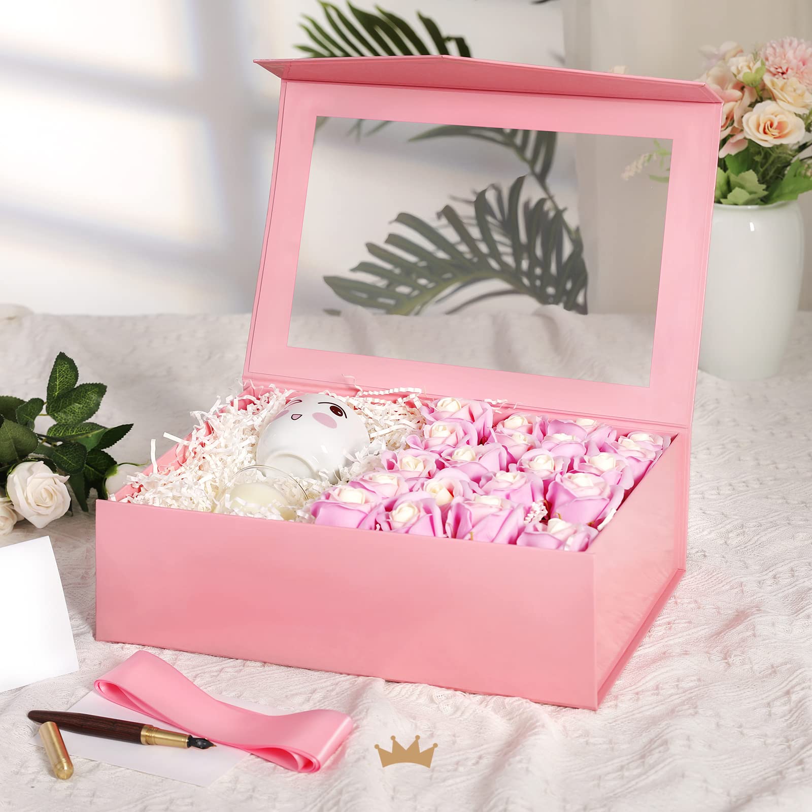 PACKQUEEN 5 große Geschenkboxen mit Fenster, 34.9x22.9x10.4 cm, rosa Geschenkboxen für Geschenke, Brautjungfer-Antragsboxen, extra große Geschenkboxen mit magnetischen Deckeln (glänzendes Rosa)