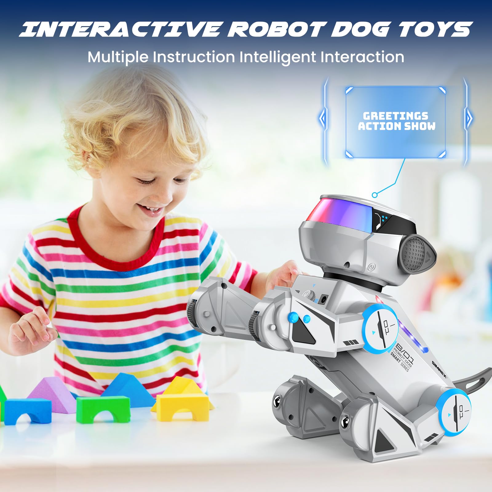 SIMREX Robot cane giocattolo per bambini, cane robot intelligente interattivo con sensore tattile, telecomando Bluetooth, trucchi danza, occhi LED, regalo di compleanno per ragazzi e ragazze, grigio