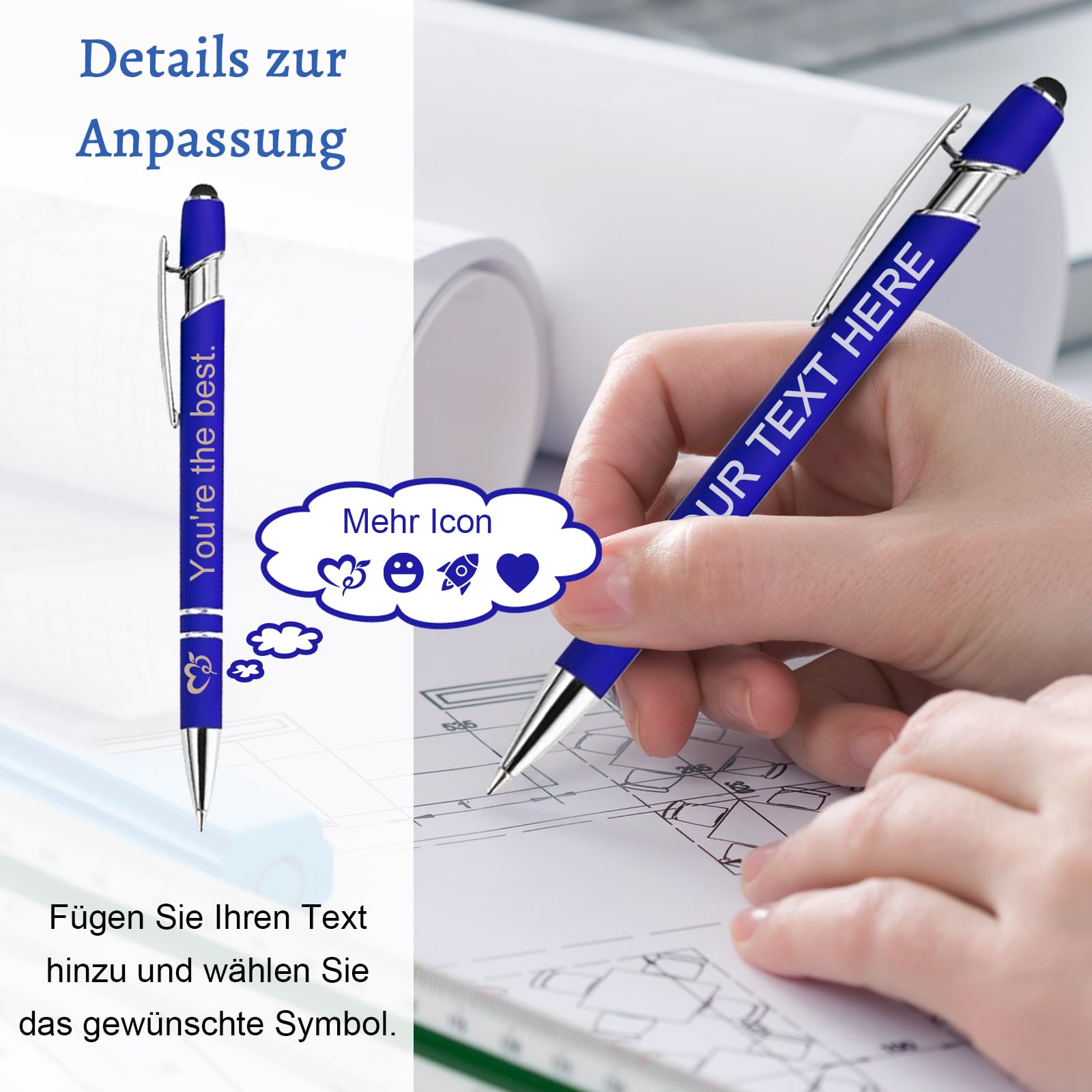 Generisch Personalisierter Kugelschreiber mit Lasergravur, Kugelschreiber mit Stylus, Stifte-Sets mit 10/20/50/100 Stiften, Gehäuse in Verschiedenen Farben Blau 100