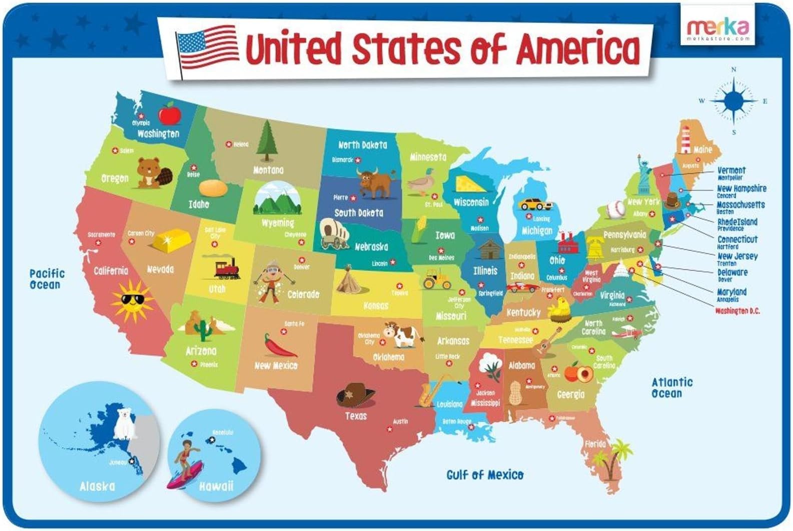 merka Laminated and Washable USA Map Educational Kids Placemats (Multicolour)