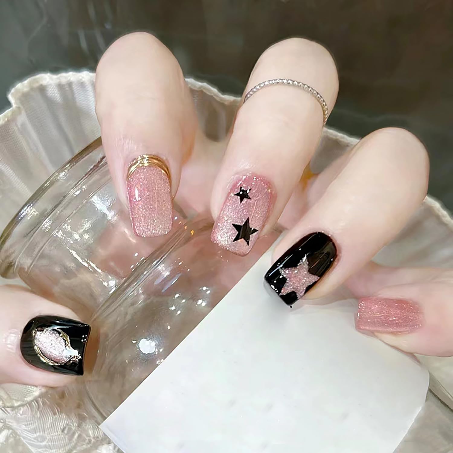 Cat Eye False Nails Black Pink Press on Nails Medium Ballet Shaped Stars and Gold Foil Design French Fake Nails Full Cover Glossy Reusable Coffin