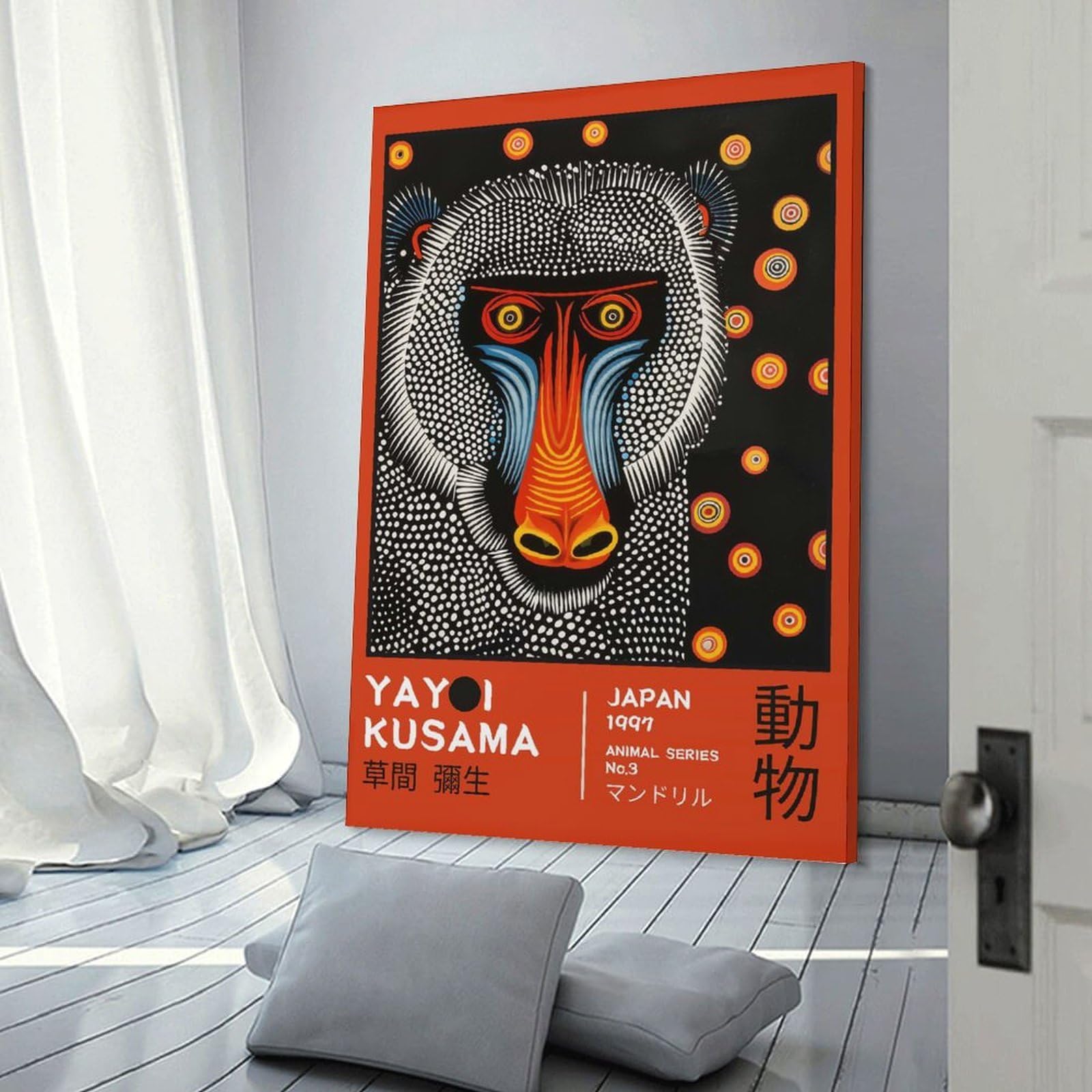 Junmoney Frame-Style-14 Yayoi Kusama Mandrill No.3 Exhibition Poster Hanging Wall Art, 12X18inch(30X45cm), For Entrance Walls, Hall Decor Or Foyers, Wall Decor To Refresh Empty Corners