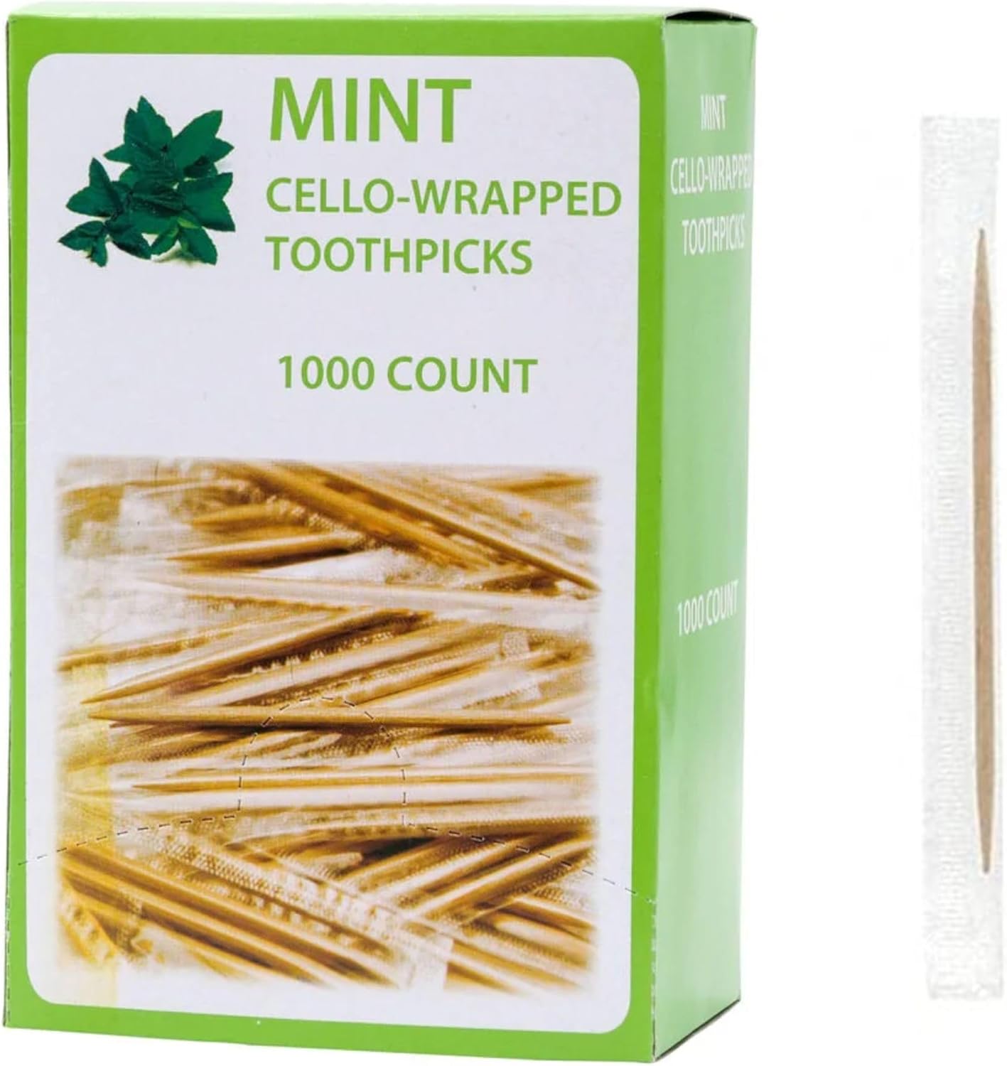 Wrapped Mint Wooden Toothpicks - Easy to use Dispenser - Great for Parties, Catering, Dinner, Lunch, Restaurants, Offices, Fruit Cocktails, Dessert, Barbecue and Teeth Cleaning (1000)