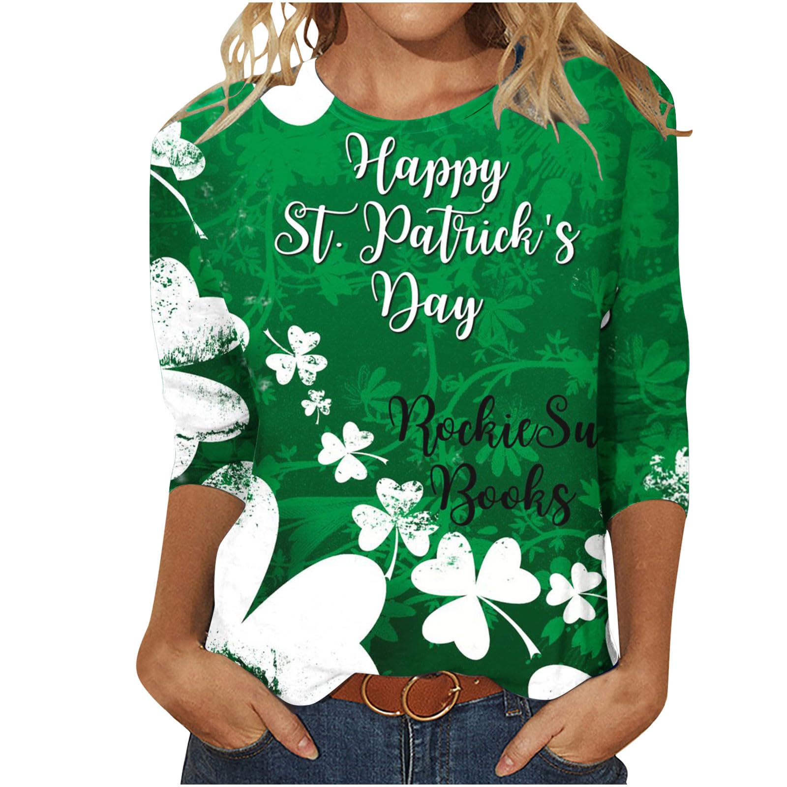 OggfaderWomens St Patricks Day Shirt Lucky Shamrock Clover Tee Shirts 3/4 Sleeve Crewneck Fashion Outfits Plus Size(S-5X)