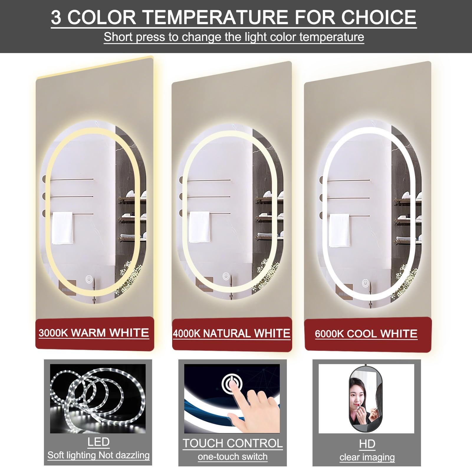 Specchio Ovale da Bagno con luci LED, Specchio a soffitto in Vetro temperato HD, Specchio da Parete per Trucco in Bagno, Camera da Letto, Soggiorno, Oro (40 cm x 70 cm)