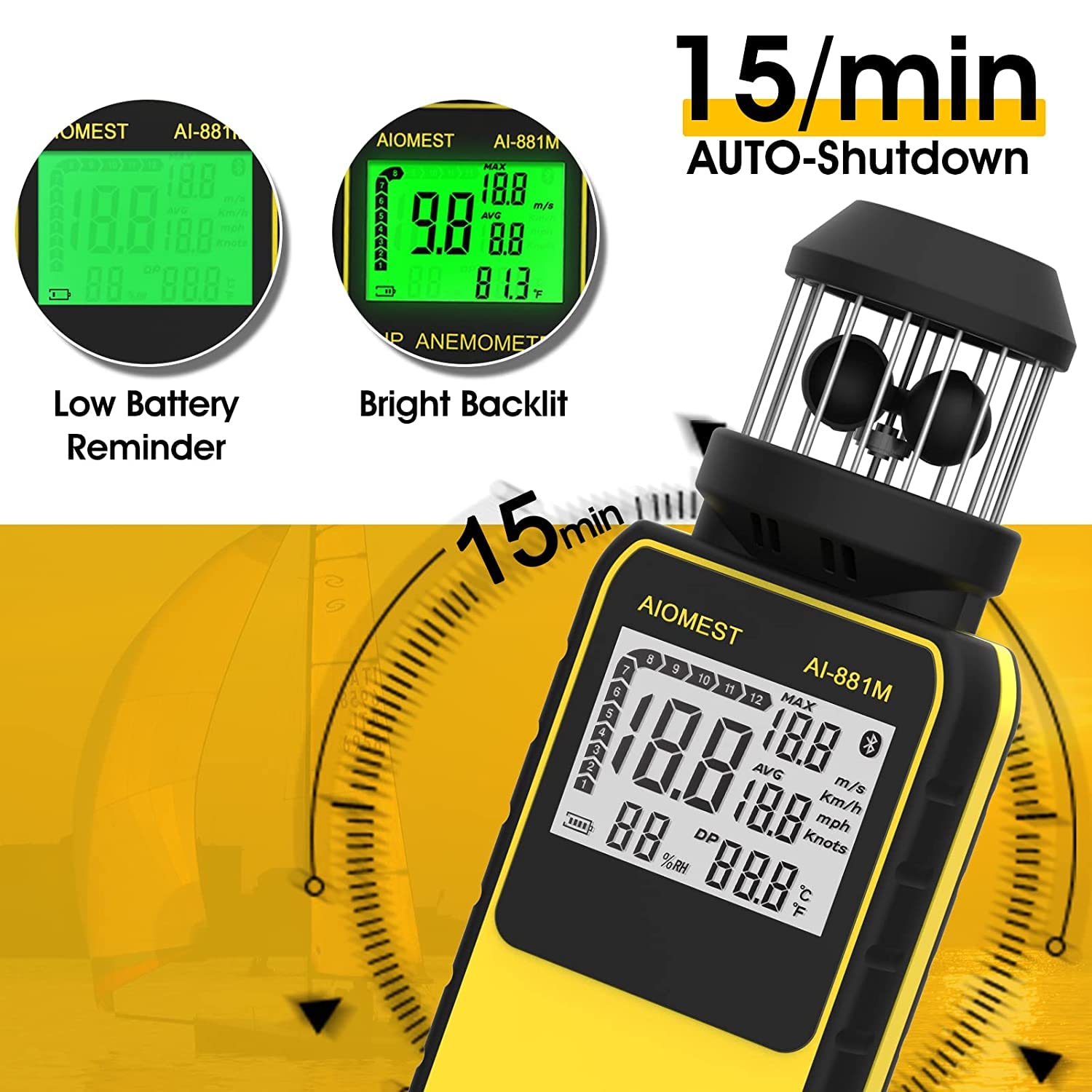 Anemometro Portatile Digitale Misuratori del Vento con Direzione Vento, Misuratore Velocità Vento 2.4~150 km/h per Esterni, Caccia, Surf, Droni, HVAC - Termometro Integrato - AIOMEST AI-881M