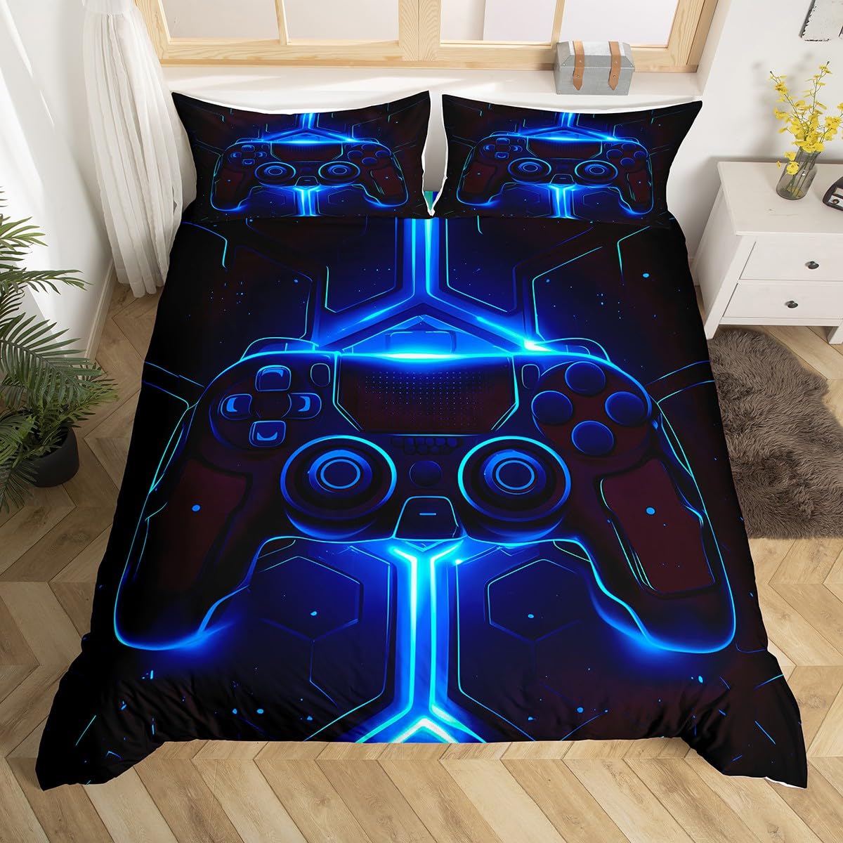 Homemissing Set di biancheria da letto per bambini e adolescenti, per letto king size, copripiumino geometrico blu, motivo videogiochi, senza