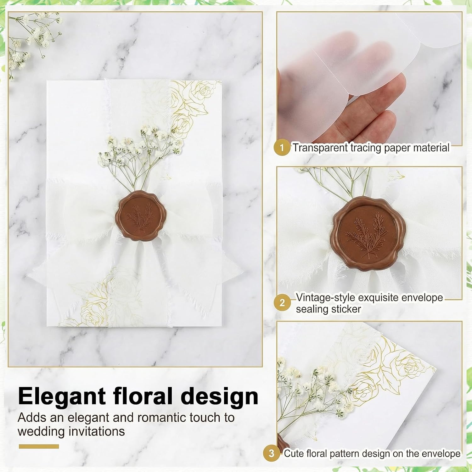 50 Sets Wedding Invitation Kit, Include Pre Vellum Jackets for 5x7 Invitations,Wax Seal Stickers,Dried Flowers and Chiffon Silk Ribbons, Wedding Invitation Accessories for Craft DIY,Gold