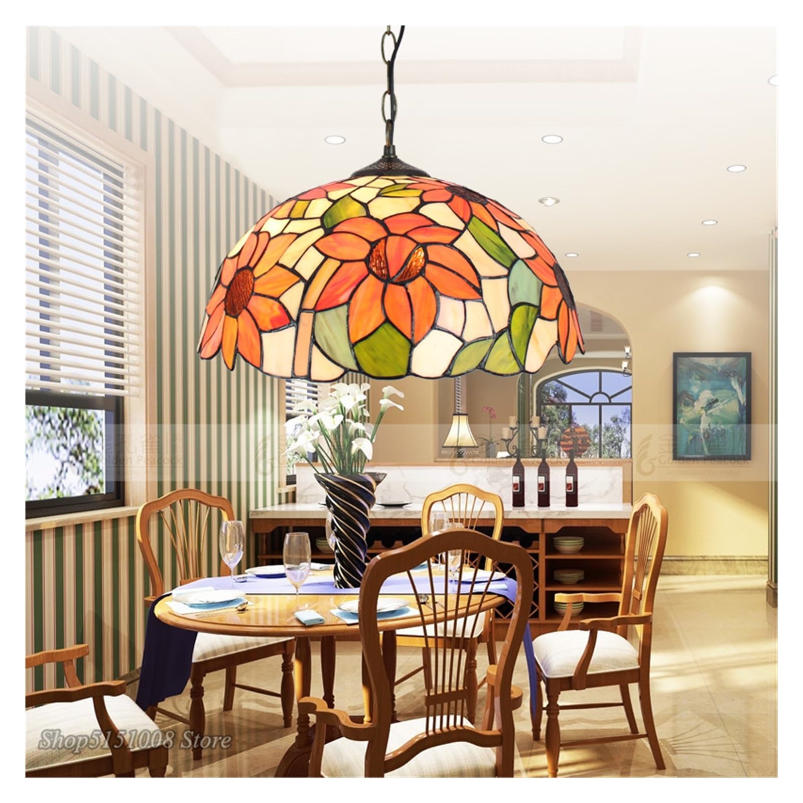 Lampy Wiszące Tiffany Witraż Łańcuch Oświetleniowy Oprawa Podwieszana Do Salonu Domowego Jadalni E27 Oszałamiający Wizualnie Klosz(Red dia20cm)
