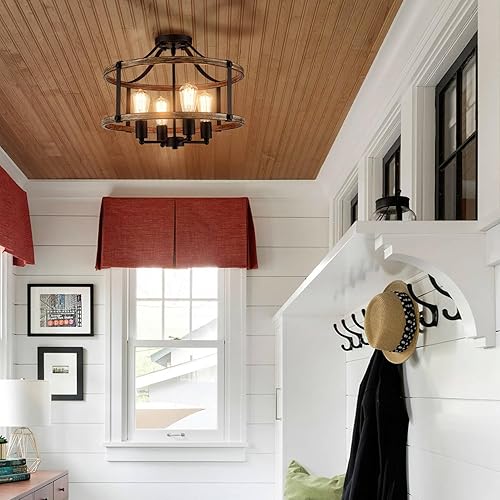 Miniatura 2 de Lámpara de techo de granja de 4 luces semiempotradas, 18 pulgadas, jaula de tambor rústica, lámpara de techo semiempotrada para dormitorio, pasillo,