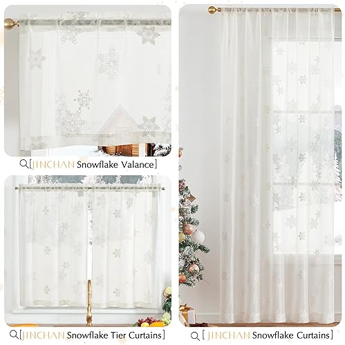 Miniatura 7 de jinchan Cenefa transparente de copo de nieve de 16 pulgadas, cortina de gasa de nieve de Navidad para vacaciones de invierno, cortina corta para