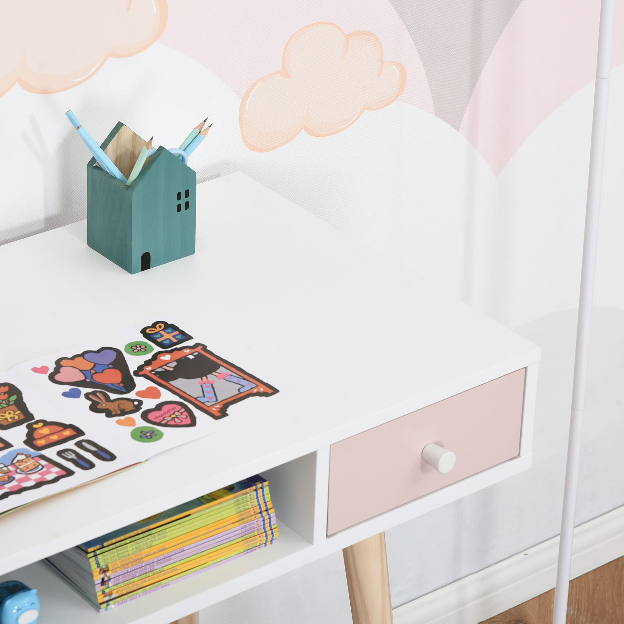 HOMCOM Mesa de Escritorio Infantil con 1 Compartimento Abierto y 2 Cajones Estilo Nórdico 100x48x76,5 cm Multicolor
