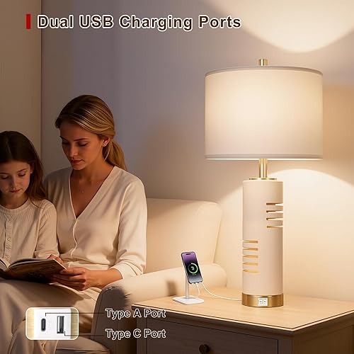 Miniatura 4 de Juego de 2 lámparas de mesa de piedra sintética de 27.5 pulgadas con luz nocturna, lámparas de granja para sala de estar con puertos USB A+C,