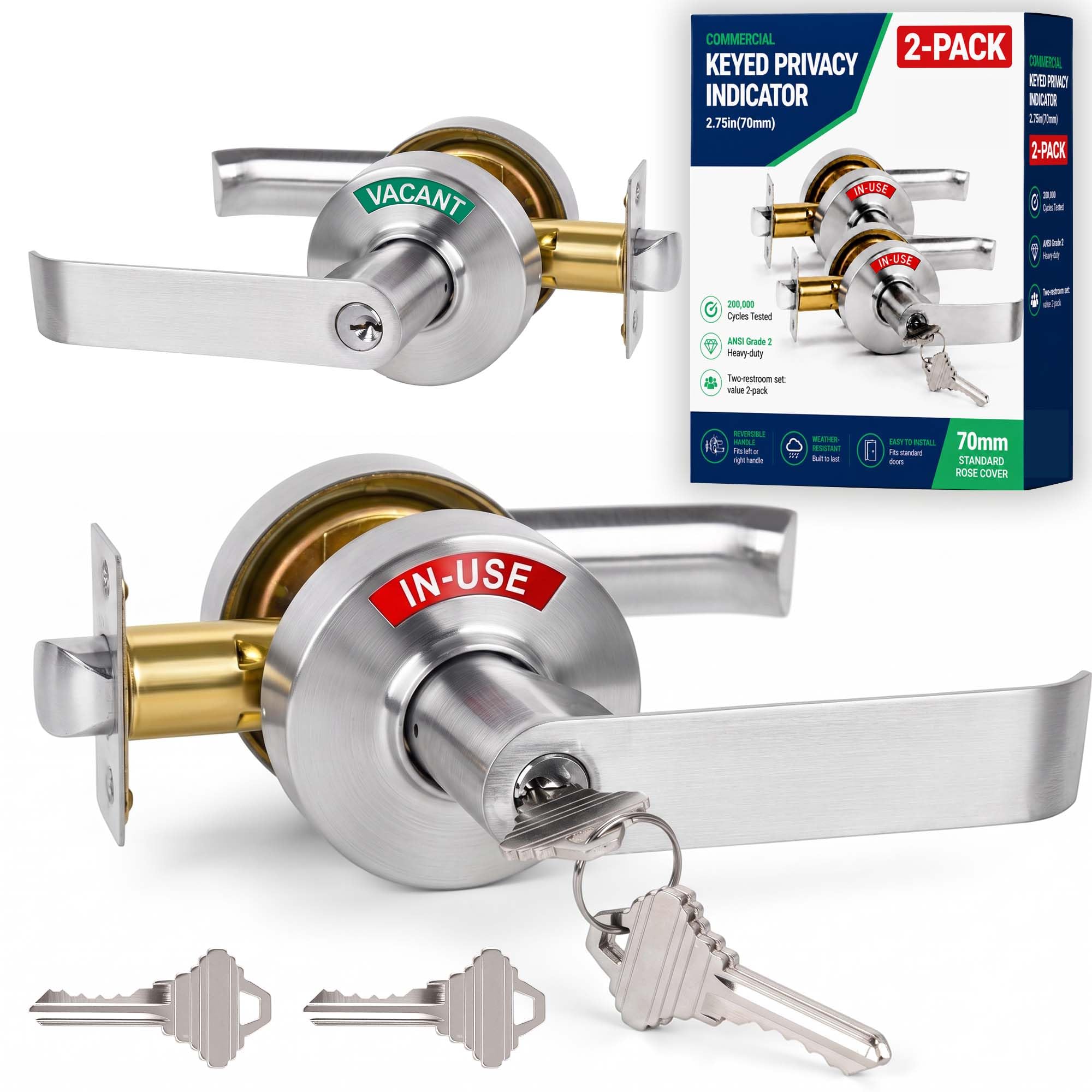 2 Kits Keyed Vacant Occupied Bathroom Lock, Commercial Bathroom Door Handle, Occupied Door Handle, Bathroom Door Lock with Indicator Sign for Office, Restrooms, Hospitals (70mm Key)